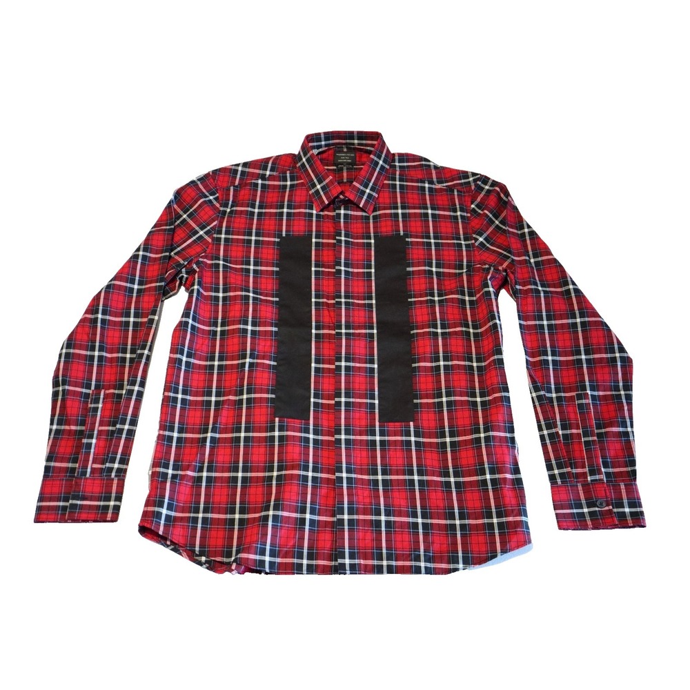 7 Diamonds Mens Large Red Plaid Long Sleeve Button Down Shirt Black Panels